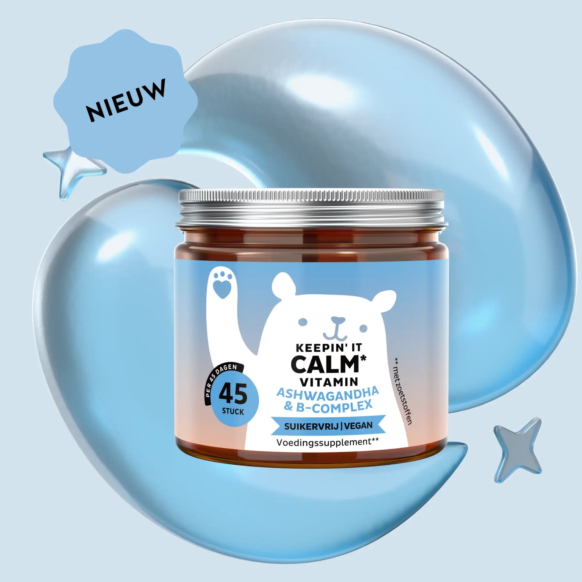 Keepin’ it Calm Vitamin potje met 45 suikervrije en vegan gummies met ashwagandha en B-complex, voor dagelijkse ondersteuning van rust en mentale balans l Bears with Benefits.