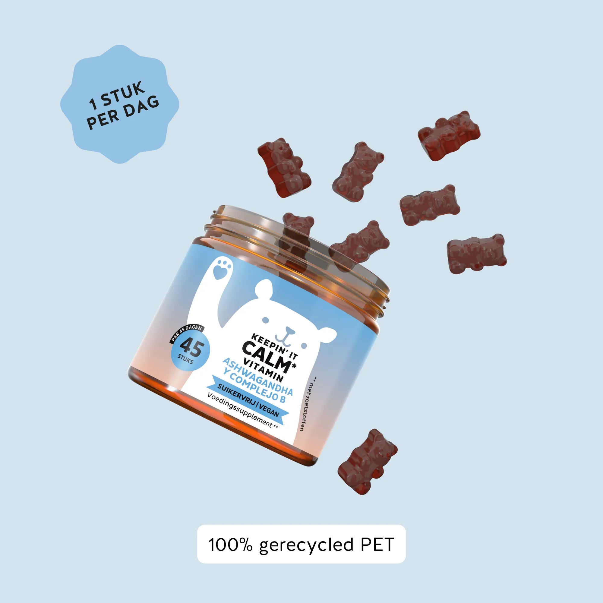 Bears with Benefits Keepin’ it Calm gummies: potje met ‘Ashwagandha + L-theanine complex’, suikervrij en vegan (45 stuks/45 dagen), schuin in beeld met rode beervormige gummies eromheen; badges ‘1 stuk per dag’ en ‘100% gerecycled PET’.