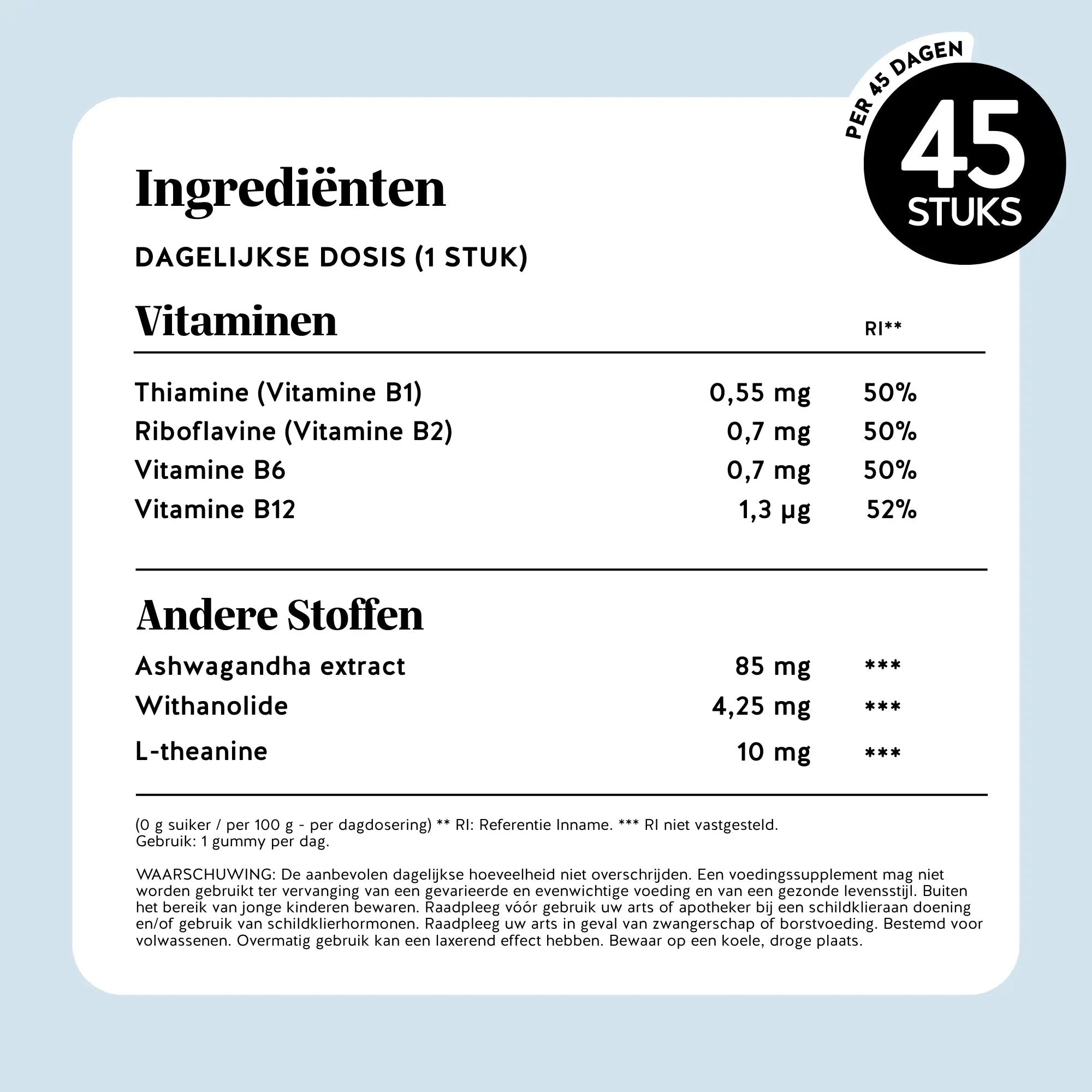 Ingrediënten- en voedingswaardentabel van Keepin’ it Calm Vitamin gummies met ashwagandha en B-complex, inclusief dagelijkse dosering en referentie-innames l Bears with Benefits.