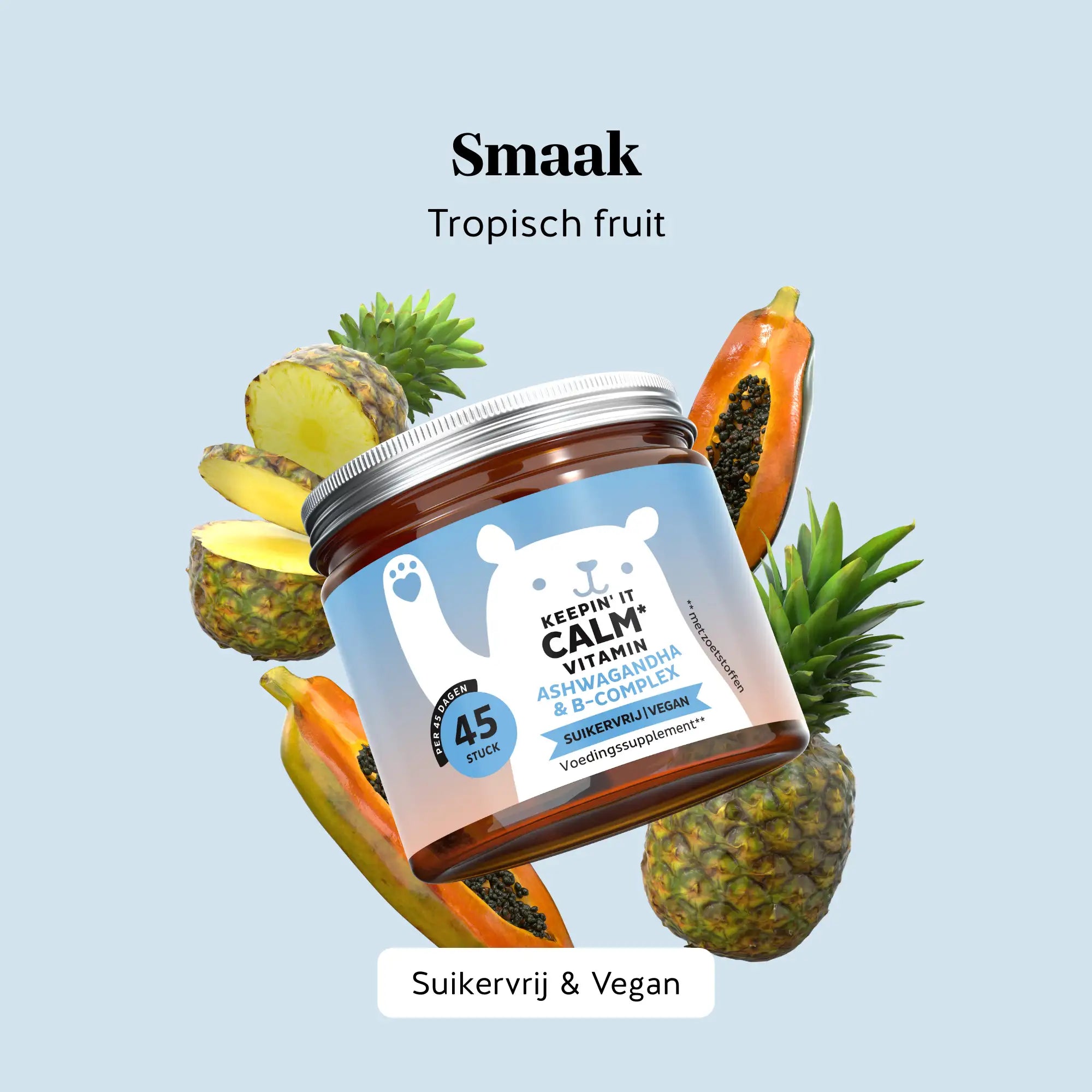 Keepin’ it Calm Vitamin gummies met tropisch fruitsmaak, suikervrij en vegan, voor een aangename en makkelijke dagelijkse inname l Bears with Benefits.