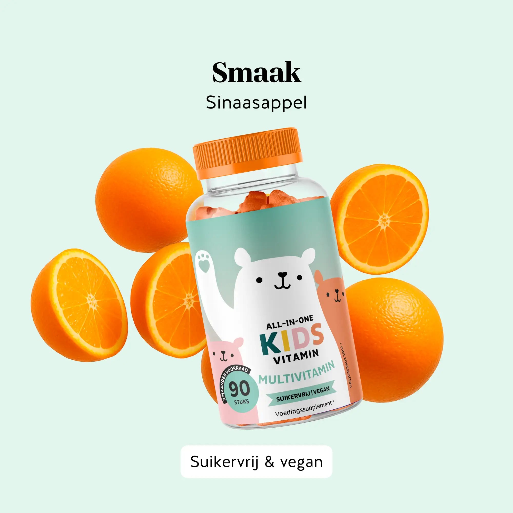 Sinaasappelsmaak van de All-in-One KIDS VITAMIN multivitamine gummies van Bears with Benefits, suikervrij en vegan. Potje met 90 stuks.