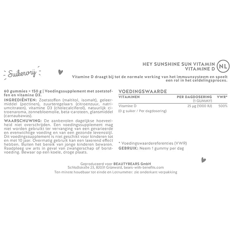 Lijst van ingrediënten van de vitamines Bears with Benefits - Hey Sunshine Sun Vitamin met vitamine D.