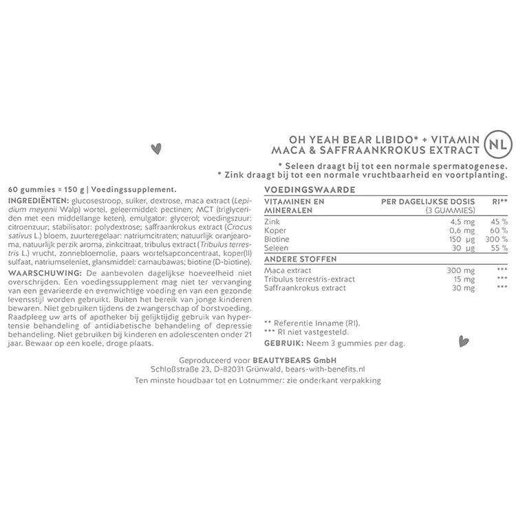 Lijst van ingrediënten van de vitamines Bears with Benefits - Oh Yeah Bear Libido met Maca en Saffraankrokus.