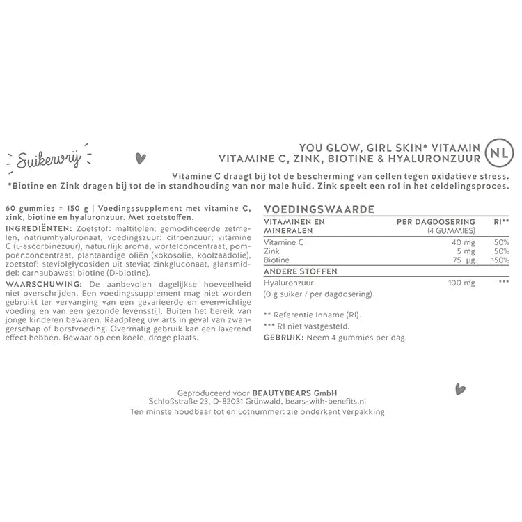 Lijst van ingrediënten van de vitamines Bears with Benefits - You Glow, Girl Skin met vitamine C, zink, biotine en hyaluronzuur.