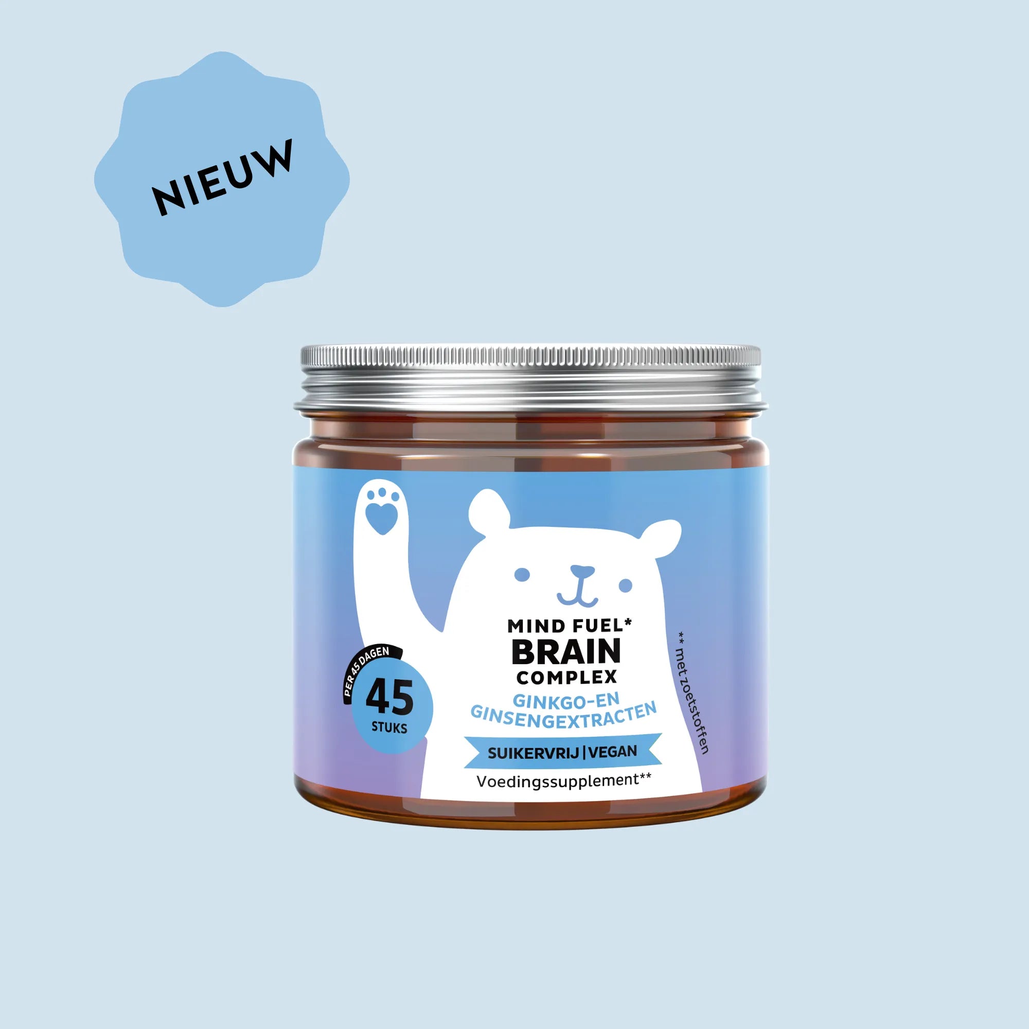 Afbeelding van het potje met 45 stuks Mind Fuel* Brain Complex gummies, met ginkgo- en ginsengextracten, suikervrij en vegan, Bears with Benefits.
