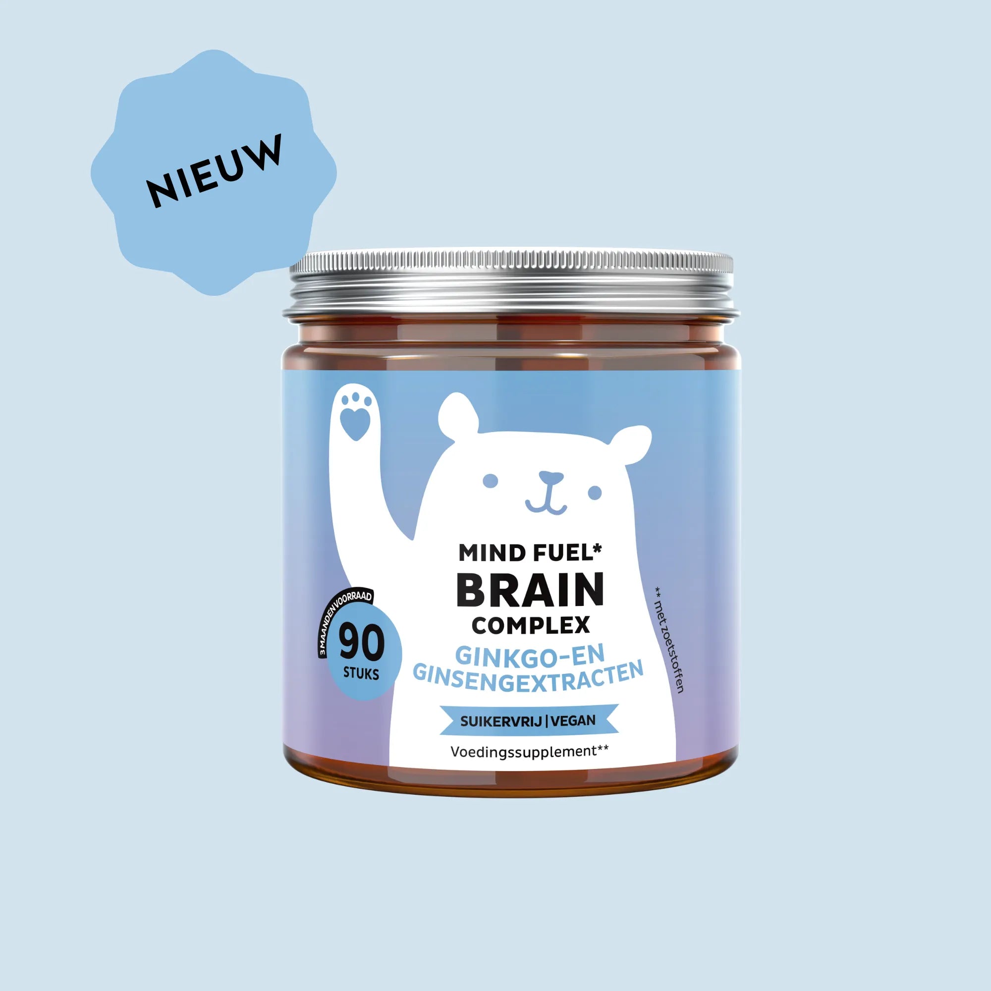 Afbeelding van het potje met 90 stuks Mind Fuel* Brain Complex gummies, met ginkgo- en ginsengextracten, suikervrij en vegan, Bears with Benefits.