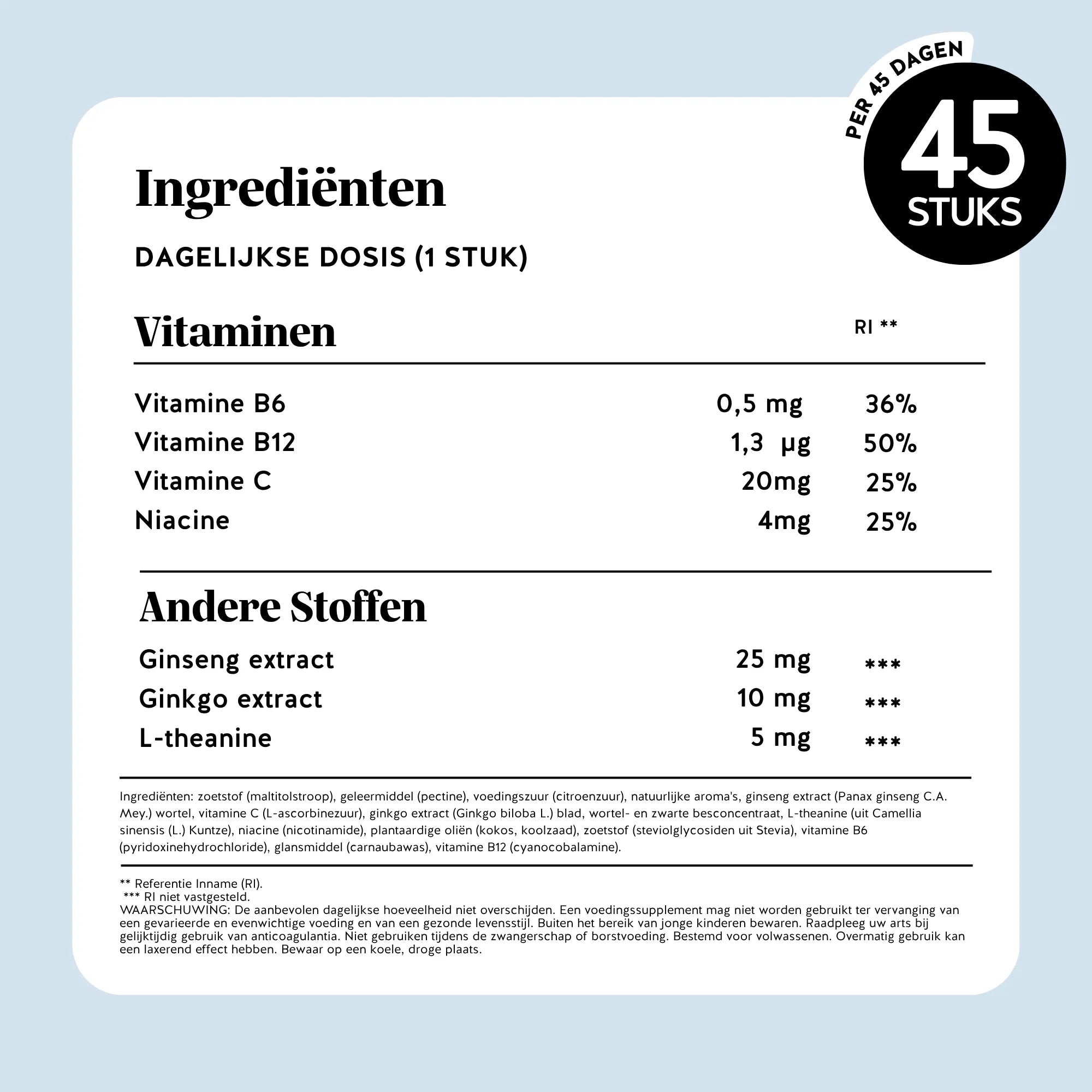 Volledige lijst van ingrediënten van de Mind Fuel* Brain Complex gummies in gummyvorm. Potje met 45 stuks, Bears with Benefits.