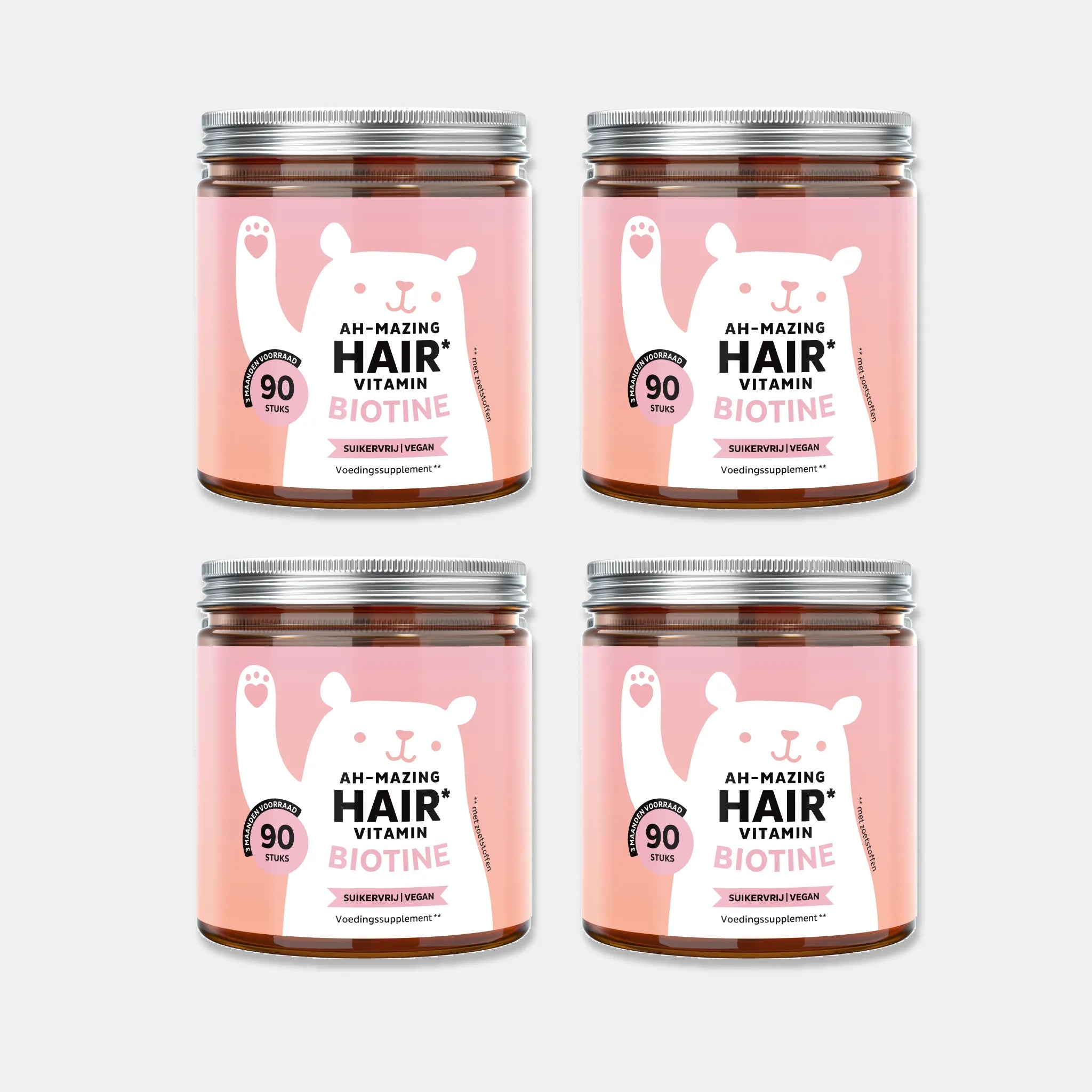 Bears with Benefits Ah-Mazing Hair* Vitamin – suikervrije vegan biotine gummies voor haar, huid en nagels, biotine 10.000 µg, zink 1,5 mg, jodium 22,5 µg, vitamine C 12 mg, vitamine E 1,8 mg en vitamine B6 1 mg, 360 stuks, 12 maanden voorraad met 4 potten van 90 stuks