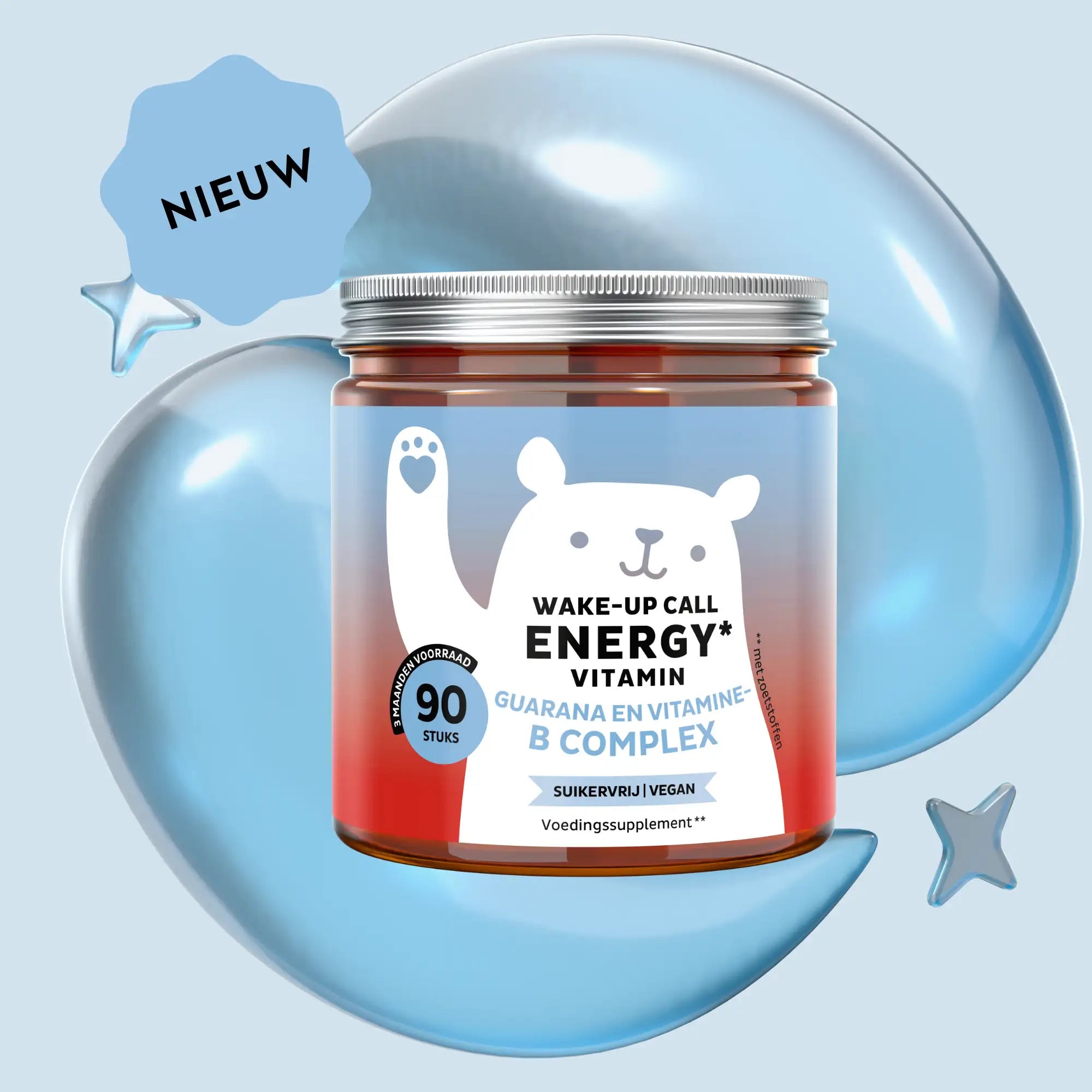 Wake-Up Call Energy Vitamin gummies in een potje van 90 stuks met guarana en vitamine B-complex, suikervrij en vegan voor langdurige ondersteuning l Bears with Benefits.