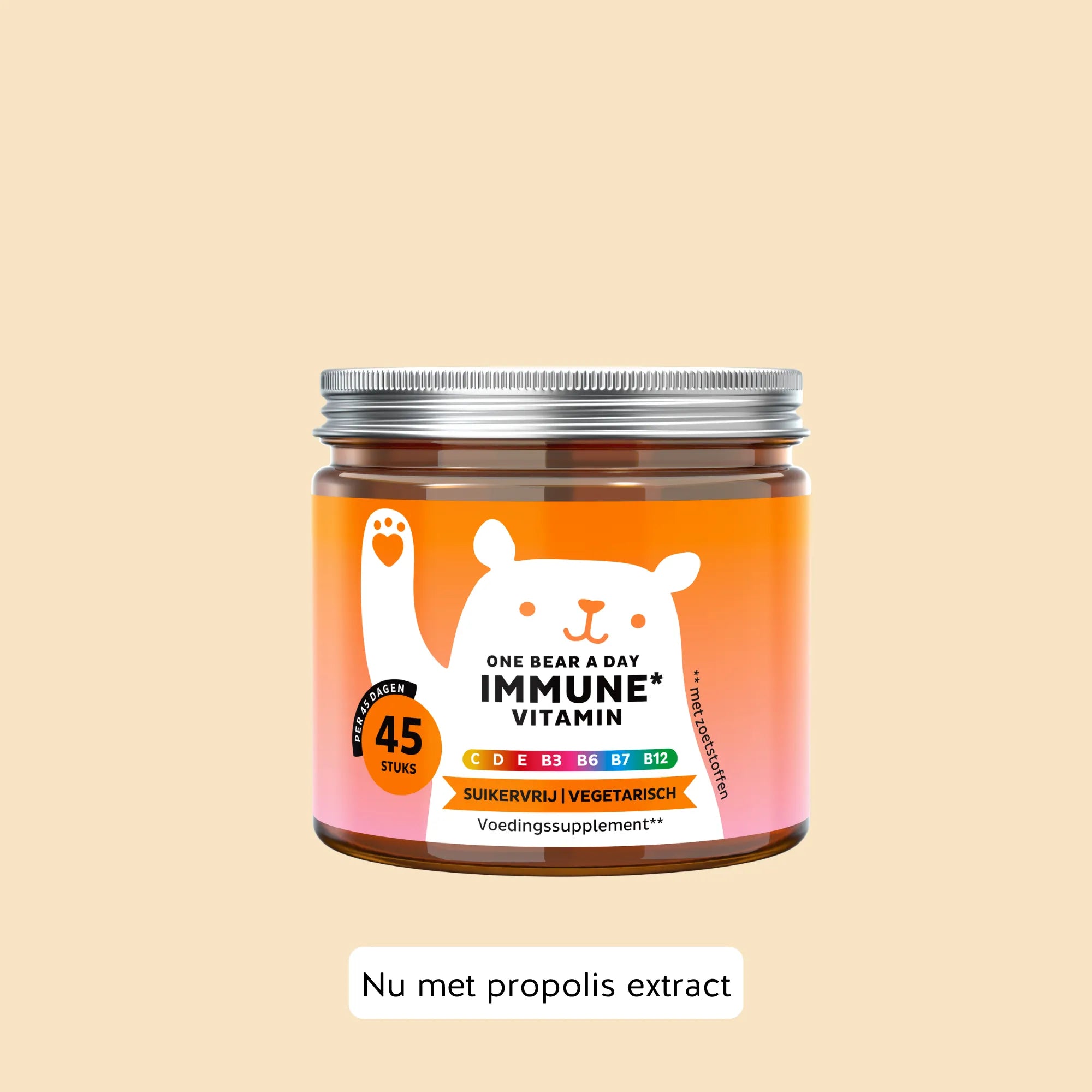 Potje Immune Vitamin One Bear a Day - 45 gummies met propolisextract en multivitaminen - suikervrij en vegetarisch l Bears with Benefits