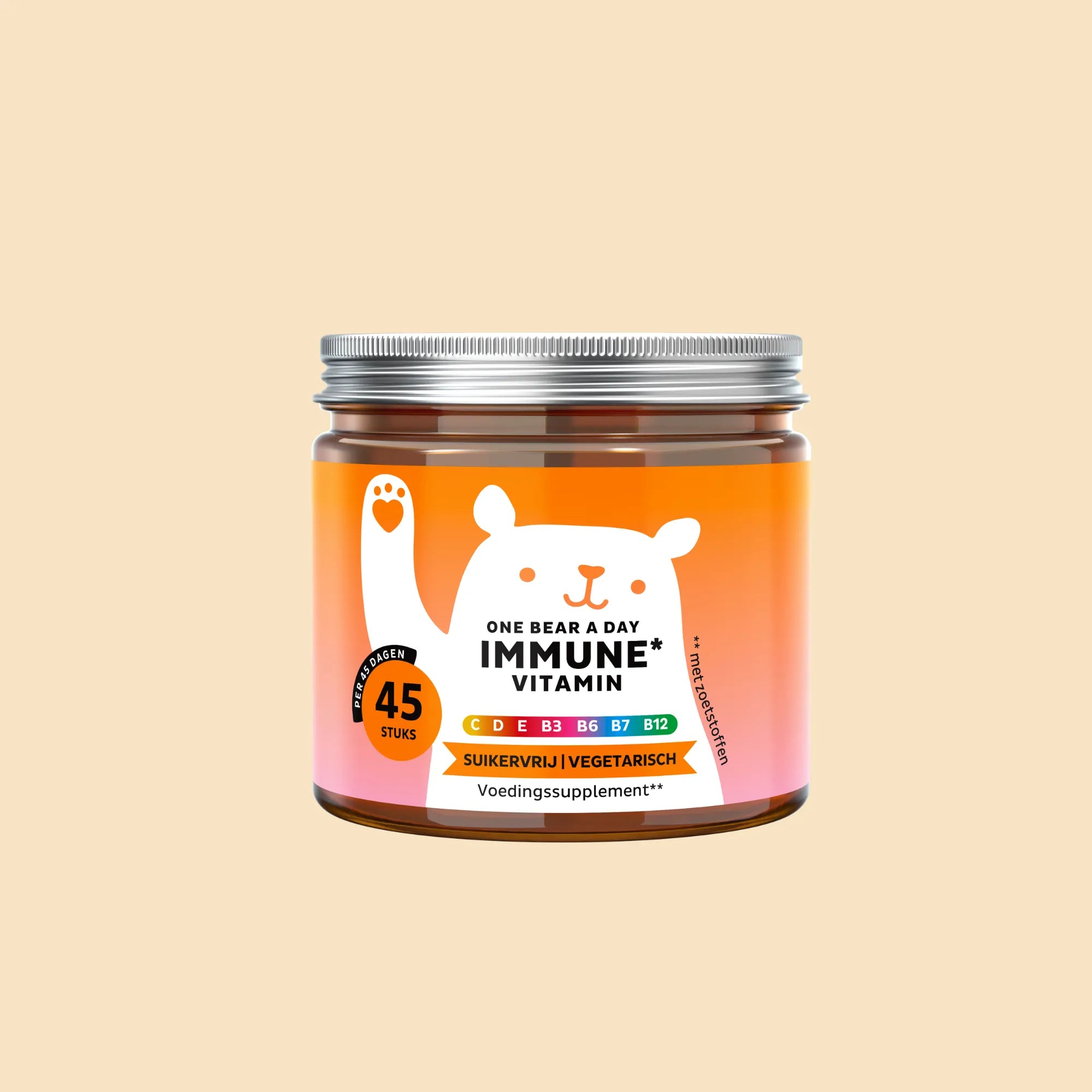 Bears with Benefits One Bear a Day Immune* Vitamin – suikervrije vegetarische vitamine gummies voor dagelijkse immuunsysteem ondersteuning, vitamine C 20 mg, vitamine D 5 µg, vitamine B6 0,70 mg, vitamine B12 1,3 µg en propolis extract 10 mg, 45 stuks, 45 dagen voorraad en nu met propolis extract