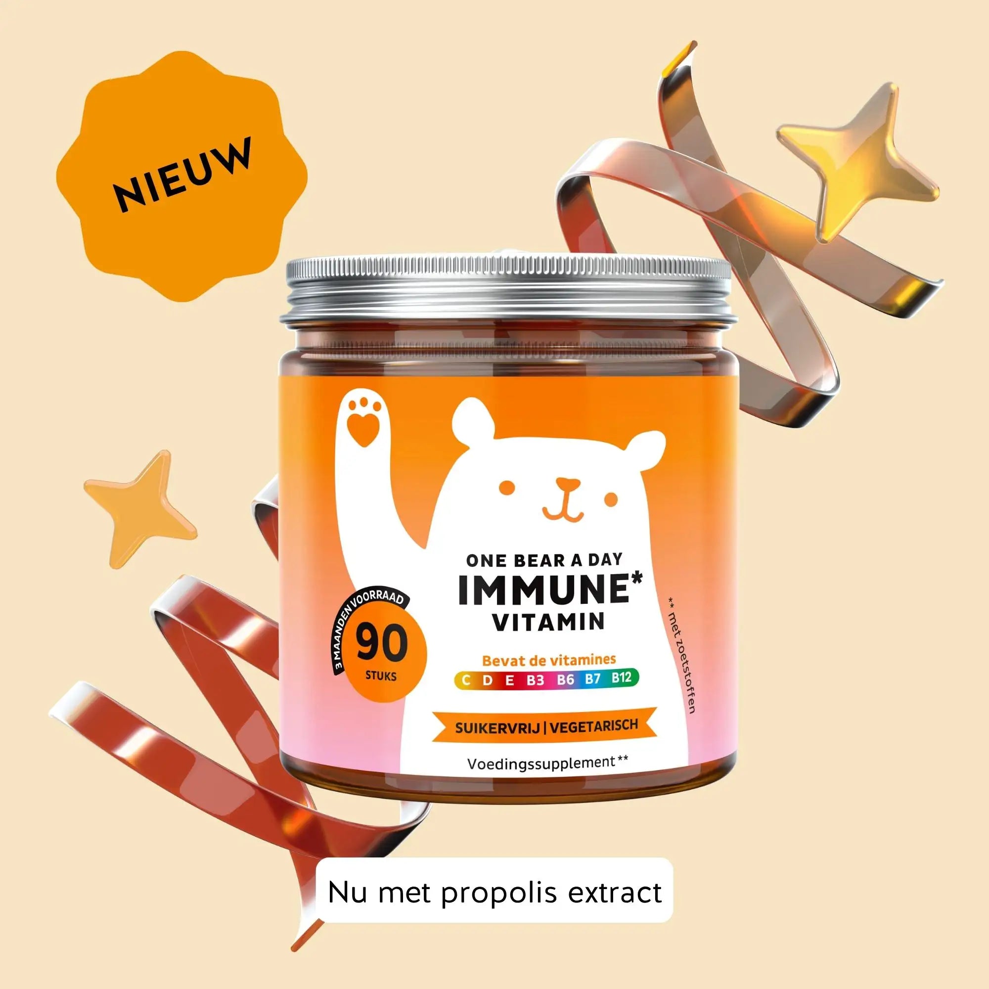 Potje Immune Vitamin One Bear a Day - 90 gummies met propolisextract en multivitaminen - suikervrij en vegetarisch l Bears with Benefits