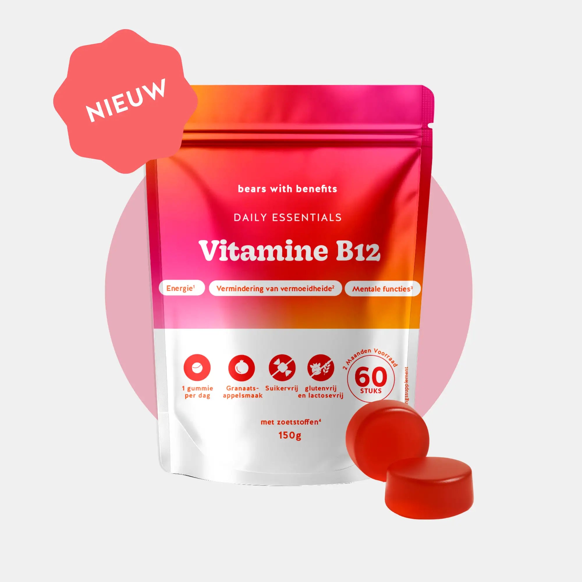 Productverpakking vitamine B12 gummies – energie, mentale functie en minder vermoeidheid l Bears with Benefits