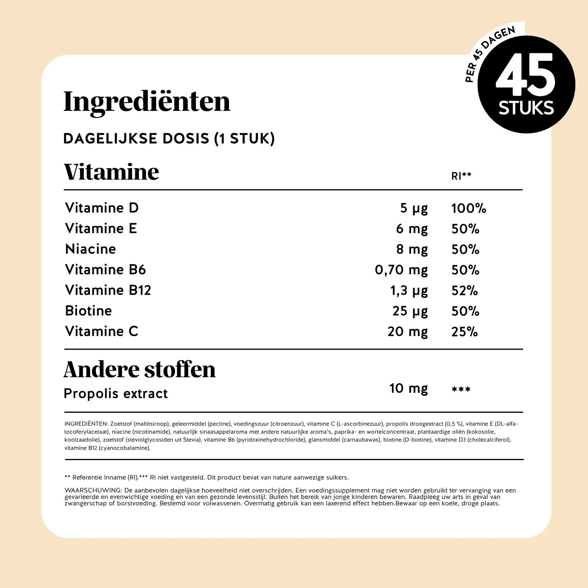 Voedingswaarden Immune Vitamin 45 gummies - vitamines per dagelijkse dosering - Vitamine C, D, E, B6, B12, biotine, niacine en propolisextract. l Bears with Benefits