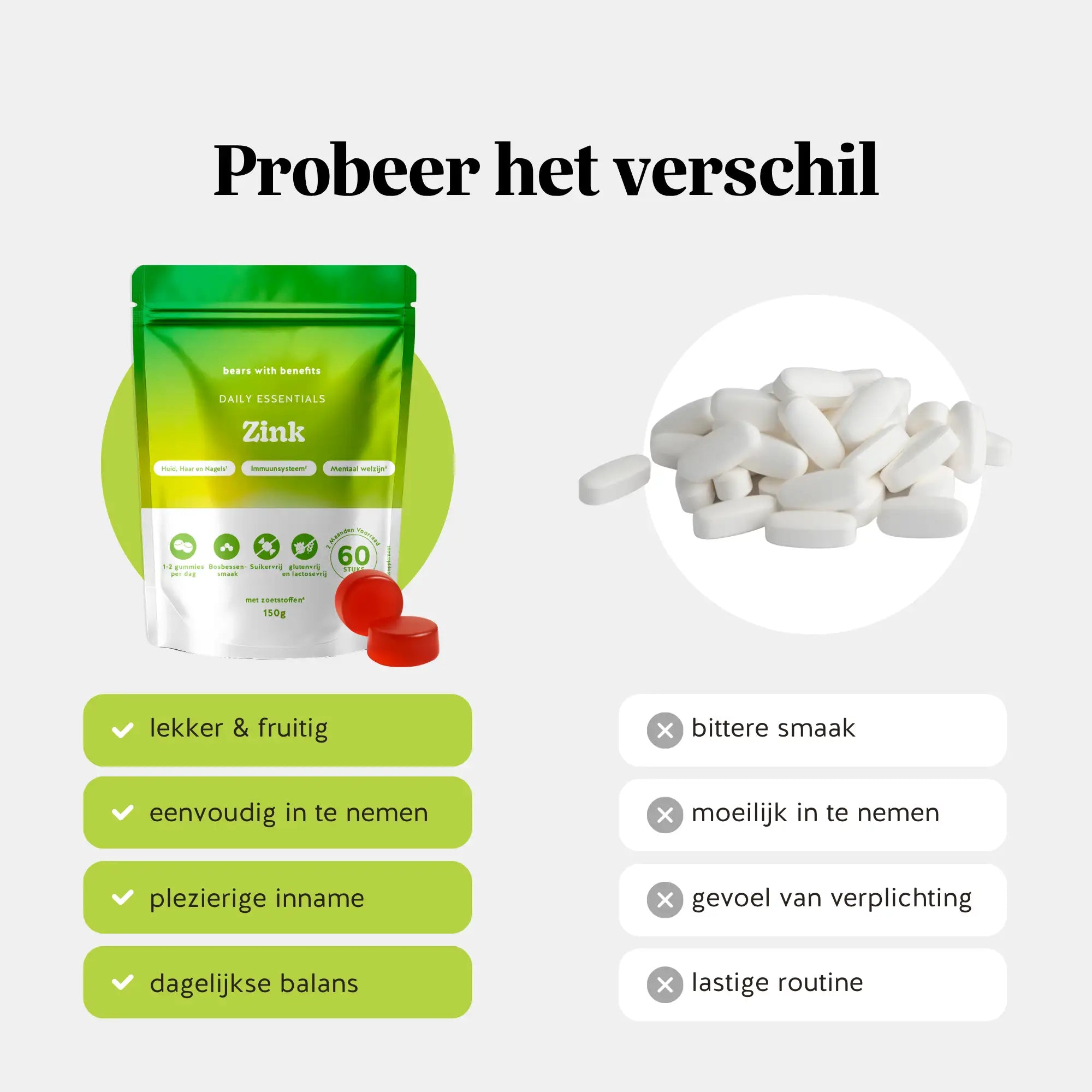 Zink gummies vergeleken met tabletten - fruitige smaak, makkelijk en plezierig in te nemen versus bittere, lastige pillen - Daily Essentials Zink l Bears with Benefits