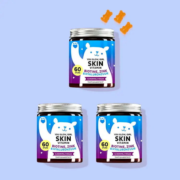 De You Glow, Girl Skin Vitamins met Biotine, Zink en Hyaluron van Bears with Benefits als kuur voor 1,5 maand.