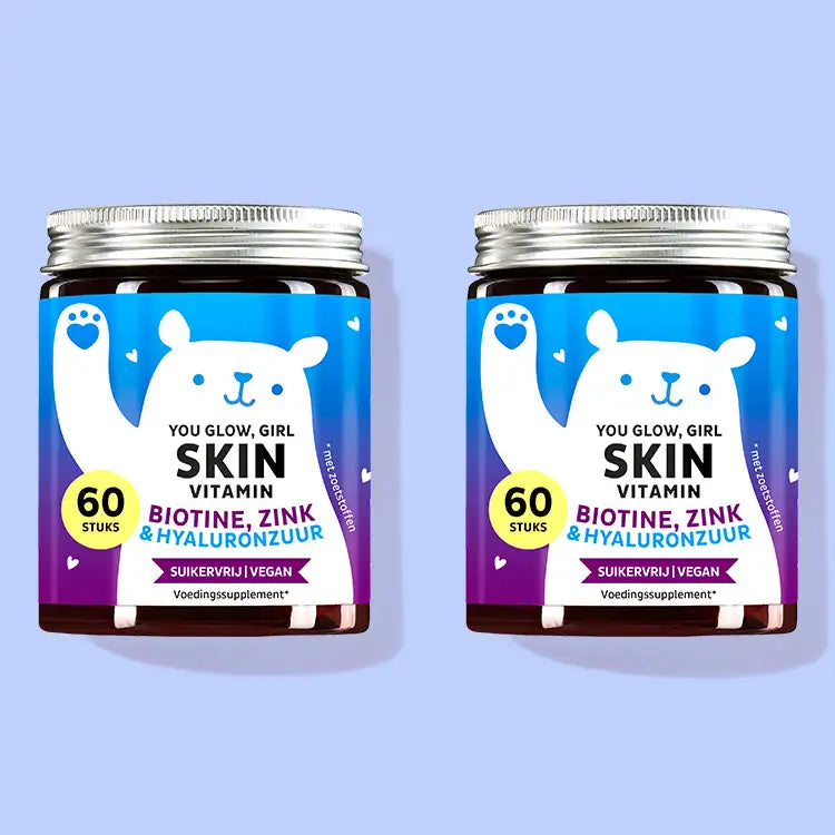 De You Glow, Girl Skin Vitamins met Biotine, Zink en Hyaluron van Bears with Benefits als kuur voor 1 maand.