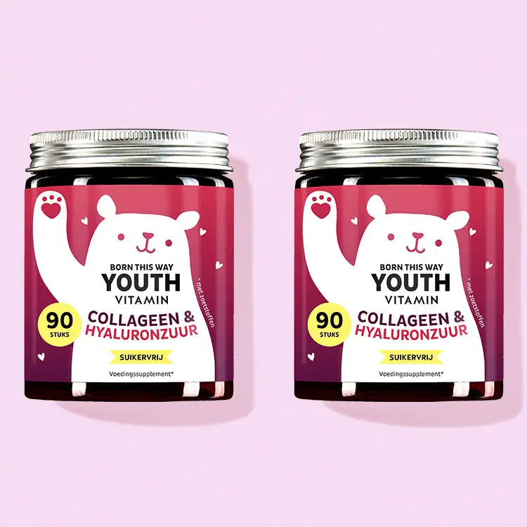 2 Maanden kuur van de Born this Way Youth Vitamin met Collageen en Hyaluron van Bears with Benefits.