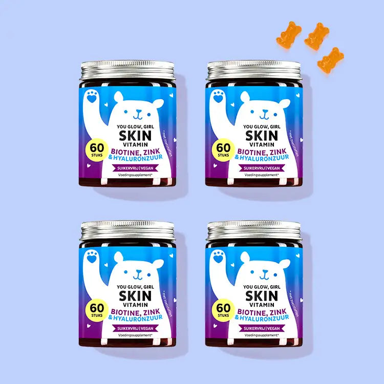 De You Glow, Girl Skin Vitamins met Biotine, Zink en Hyaluron van Bears with Benefits als kuur voor 2 maand.