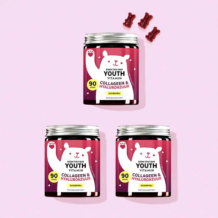 3 Maanden kuur van de Born this Way Youth Vitamin met Collageen en Hyaluron van Bears with Benefits.