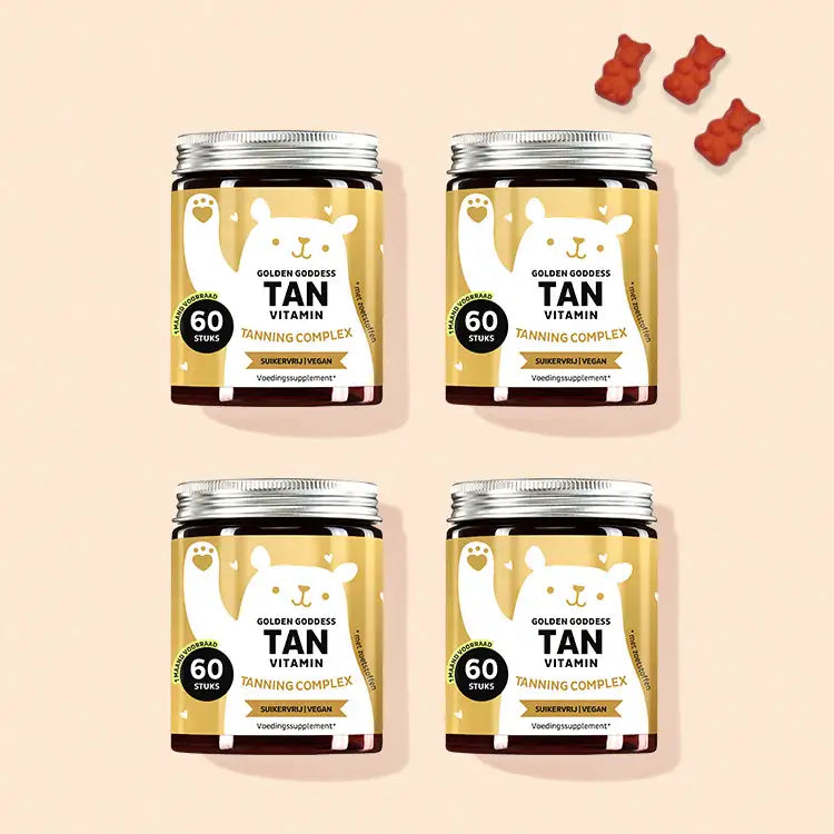 De Golden Goddess Tan Vitamins with Beta Carotene van Bears with Benefits als kuur voor 4 maanden.