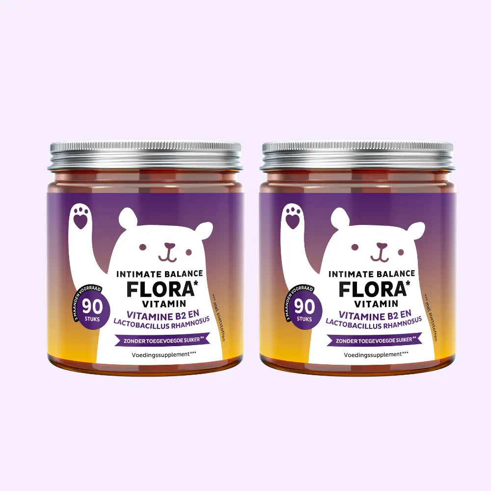 Intimate Balance Flora 2 potjes met 90 stuks – suikervrije, vegan gummies met vitamine B2 en Lactobacillus Rhamnosus, 180 dagen voorraat. | Bears with Benefits