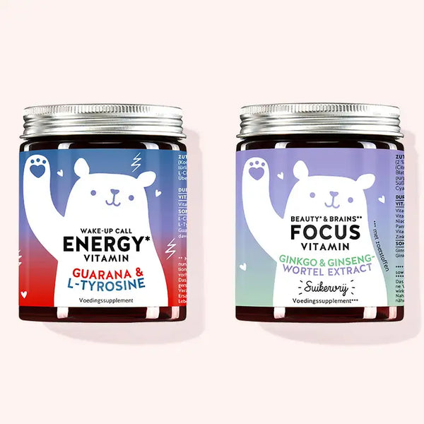 Set van 2 Always ON Duo van Bears with Benefits bestaande uit de Wake-Up Call Energy Vitamins met Guarana en de Beauty & Brains Focus Vitamins met Ginkgo.