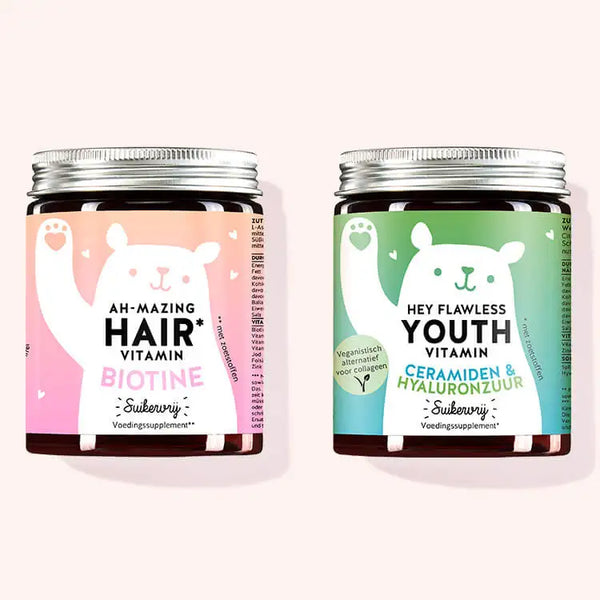 Set van 2 "Duo voor gestreste huid en haar" bestaande uit de Ah-mazing Hair Vitamins met biotine en de Hey Flawless Youth Vitamins met ceramiden en hyaluronzuur van Bears with Benefits.