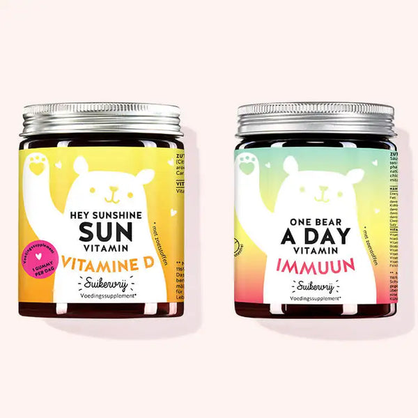 Set van 2 "Fit & gezond Duo" bestaande uit de Hey Sunshine Sun Vitamins met vitamine D en de One Bear A Day Vitamins met immuuncomplex van Bears with Benefits.
