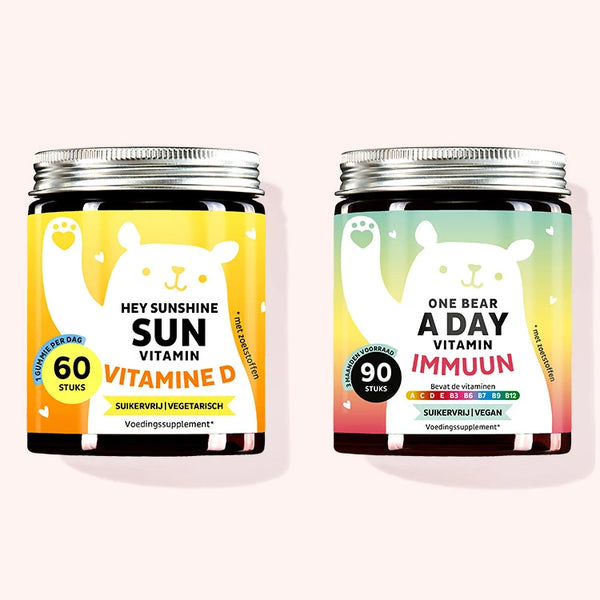 Set van 2 "Fit & gezond Duo" bestaande uit de Hey Sunshine Sun Vitamins met vitamine D en de One Bear A Day Vitamins met immuuncomplex van Bears with Benefits.