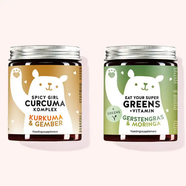 Set van 2 "Uw Superfoods Duo" bestaande uit de Spicy Girl met kurkuma wortel extract en gember en de Eat your Super Greens met gerstegras, moringa & 6 andere greens van Bears with Benefits.