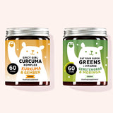 Set van 2 "Uw Superfoods Duo" bestaande uit de Spicy Girl met kurkuma wortel extract en gember en de Eat your Super Greens met gerstegras, moringa & 6 andere greens van Bears with Benefits.