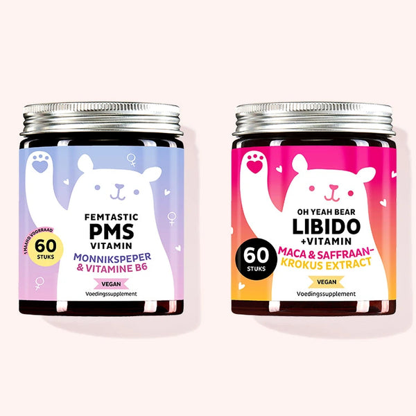 Set van 2 'Hormoonbalans en Welzijn kit' bestaande uit de vitamines: Femtastic PMS met Agnocasto en vitamine B6 en Oh Yeah Bear Libido met maca-extract van Bears with Bene