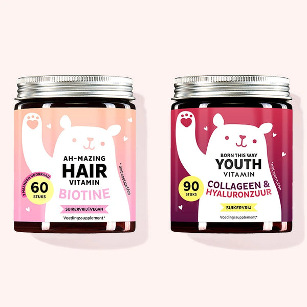 Set van 2 "Ultimate Hair & Skin Duo" bestaande uit de Ah-mazing Hair Vitamins suikervrij met biotine en de Born This Way Youth Vitamins met collageen en hyaluron van Bears with Benefits.