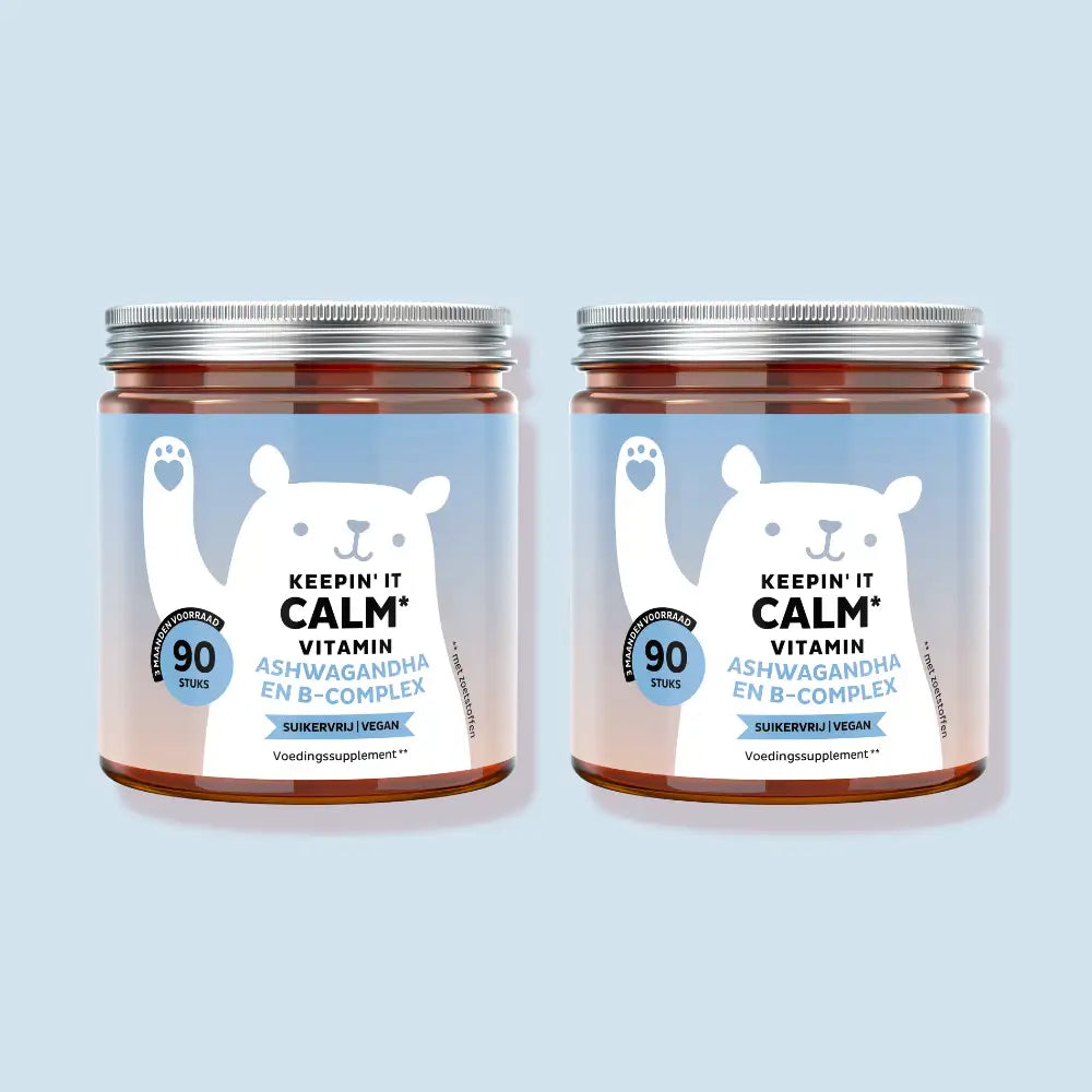 Twee potjes Keepin’ it Calm Vitamin gummies met ashwagandha en B-complex, suikervrij en vegan, ontworpen voor dagelijkse ondersteuning van rust en balans l Bears with Benefits.