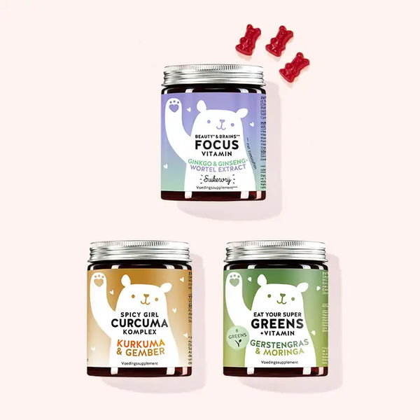 3-delige bundel Fit de dag door Bears with Benefits bestaande uit de Beauty & Brains Focus vitamines met ginkgo, de Spicy Girl vitamines met kurkuma en de Eat Your Super Greens vitamines met gerstegras.