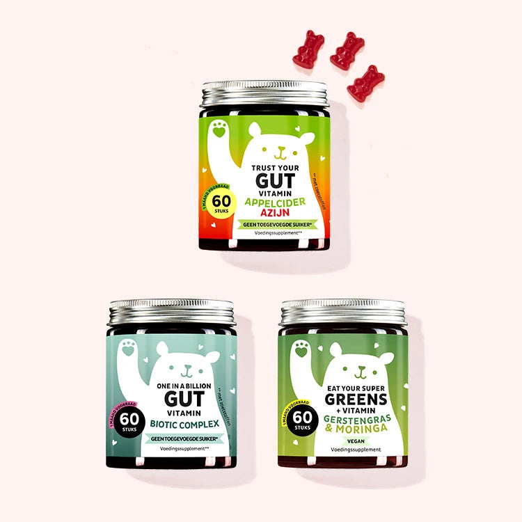 Set van 3 "Green Metabolism Trio" bestaande uit de Trust your Gut Vitamins met Apple Cider Vinegar, de One in a Billion Gut Vitamins met Bacillus coagulans en Inulin en de Eat your Super Greens met Barley Grass, Moringa & 6 andere Greens van Bears with Benefits.