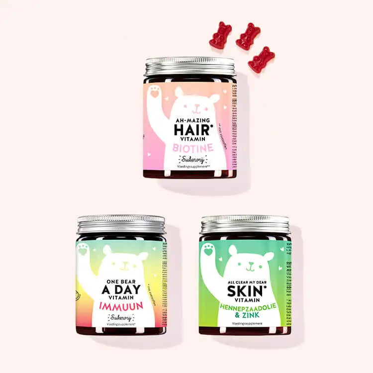 Set van 3 "Ontdek onze Bestsellers" bestaande uit de Ah-mazing Hait Vitamins suikervrij met biotine, de One Bear A Day Vitamins met immuuncomplex en de All Clear My Dear Vitamins met hennepzaadolie en zink van Bears with Benefits.