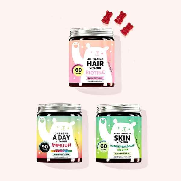 Set van 3 "Starter Kit: Ontdek onze bestsellers" bestaande uit de Ah-mazing Hait Vitamins suikervrij met biotine, de One Bear A Day Vitamins met immuuncomplex en de All Clear My Dear Vitamins met hennepzaadolie en zink van Bears with Benefits.