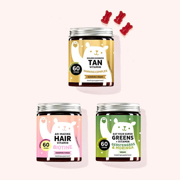 "Trio voor haar, huid & gezondheid" bundle van Bears with Benefits bestaande uit de Golden Goddess Tan Vitamins met beta-caroteen, de Ah-Mazing Hair Vitamins met biotine en de Eat your Super Greens Vitamins met gerstegras.