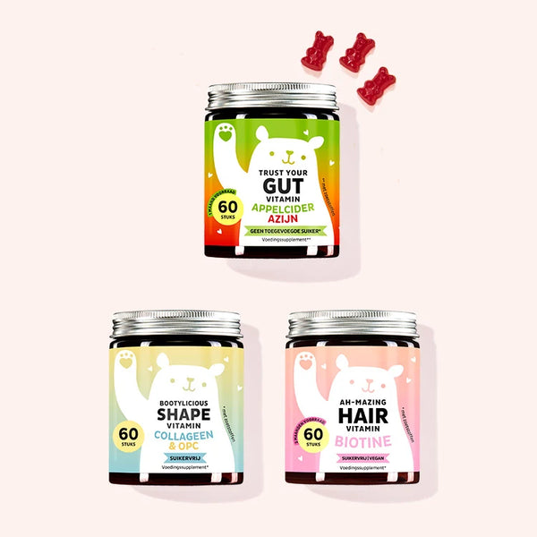 Set van 3 "Spring Beauty Bundle" bestaande uit de Trust Your Gut Vitamins met appelciderazijn, de Bootylicious Shape Vitamins met collageen en OPC en de Ah-mazing Hair Vitamins suikervrij met biotine van Bears with Benefits.