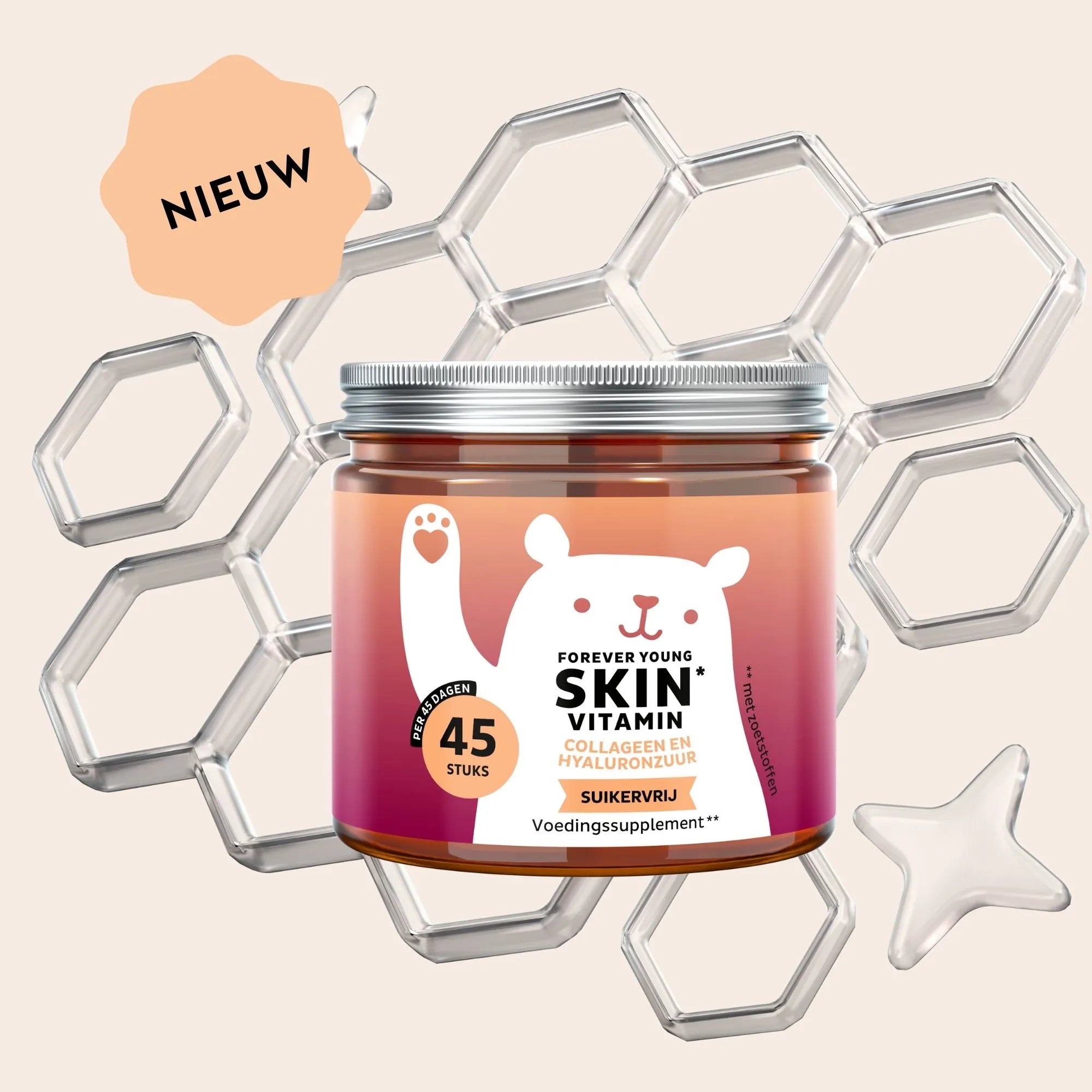Forever Young Skin Vitamin potje met collageen en hyaluronzuur, suikervrije gummies voor dagelijkse ondersteuning van de huid, nieuw in het assortiment l Bears with Benefits.