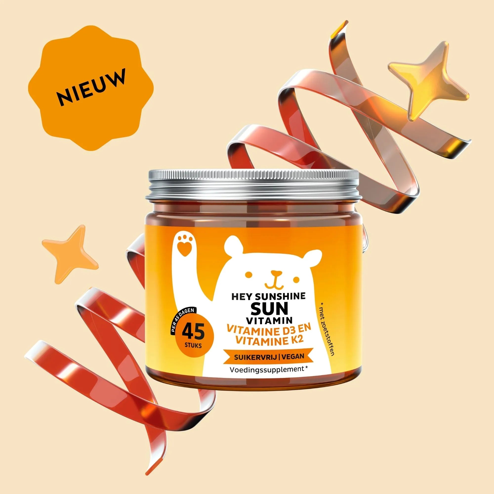 Hey Sunshine Sun Vitamin potje met 45 gummies met vitamine D3 en vitamine K2, suikervrije en vegan gummies, nieuw vitaminecomplex voor dagelijkse ondersteuning l Bears with Benefits.