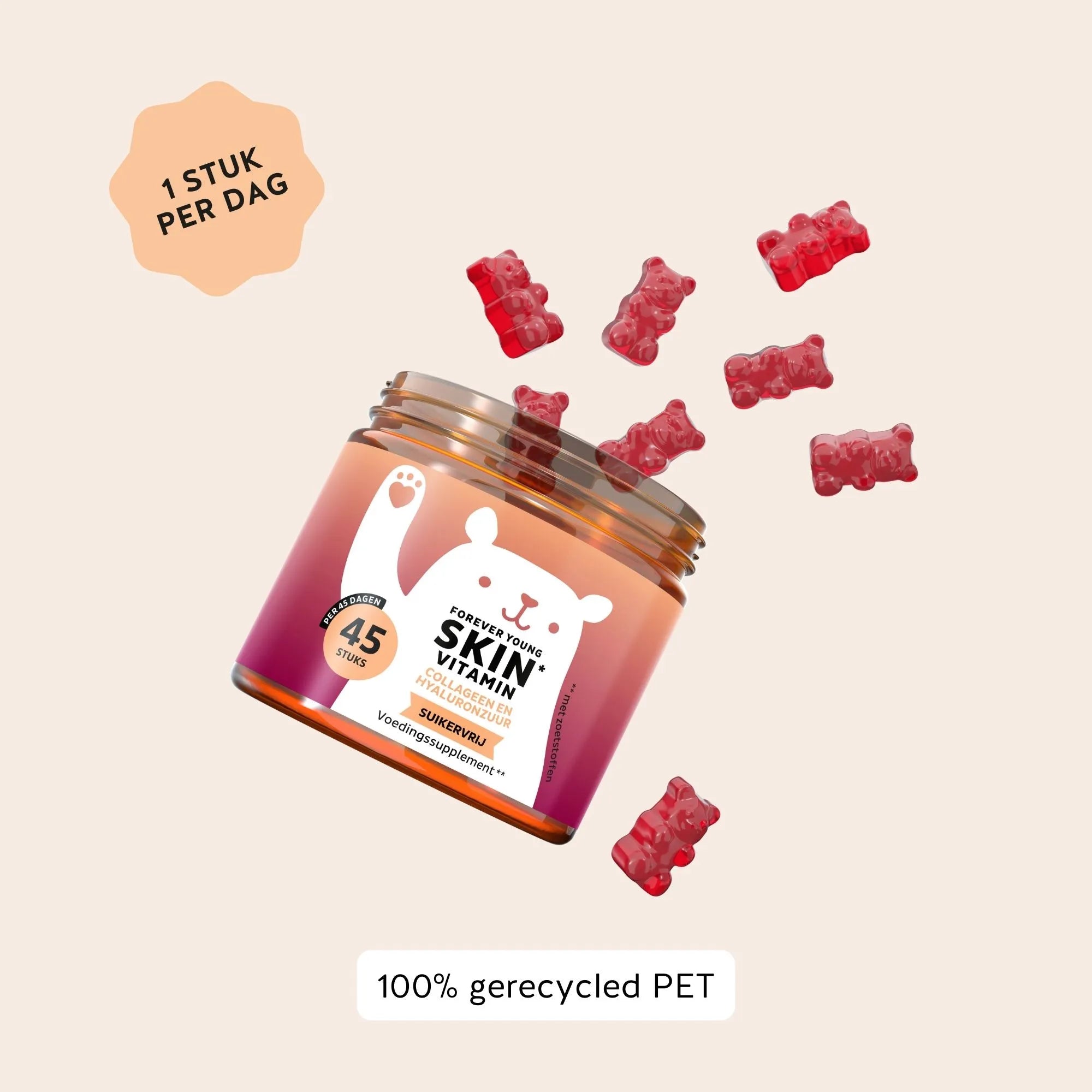 Forever Young Skin Vitamin potje met gummies en de aanduiding “1 stuk per dag”, voor een eenvoudige dagelijkse routine l Bears with Benefits.
