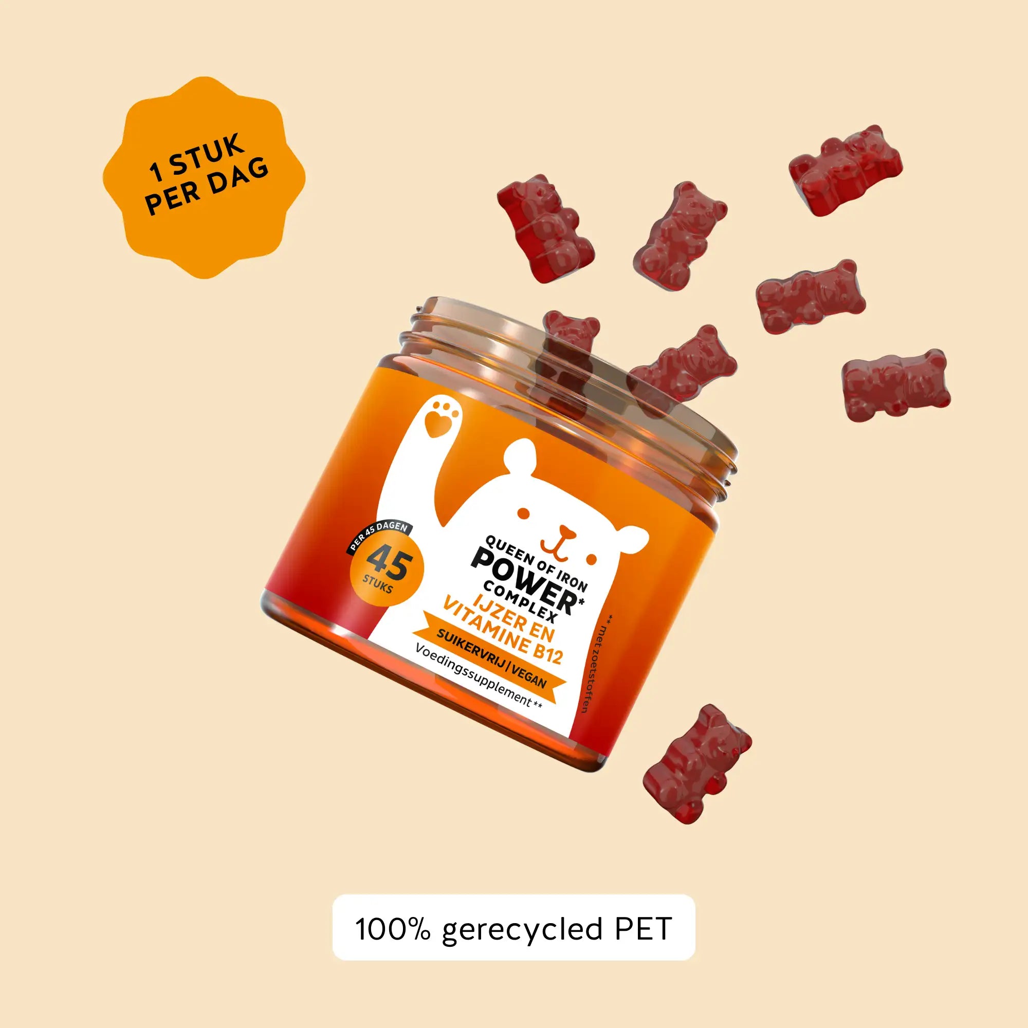 Potje met 45 Queen of Iron Power gummies en de richtlijn ‘1 stuk per dag’, verpakt in 100% gerecycled PET l Bears with Benefits.