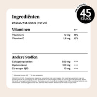Bears with Benefits Forever Young Skin Vitamin – ingrediëntenlabel per dagelijkse dosis 1 stuk, met vitamine C 12 mg, vitamine E 1,8 mg, collageenpeptiden 500 mg, hyaluronzuur 100 mg en co-enzym Q10 10 mg, 45 stuks