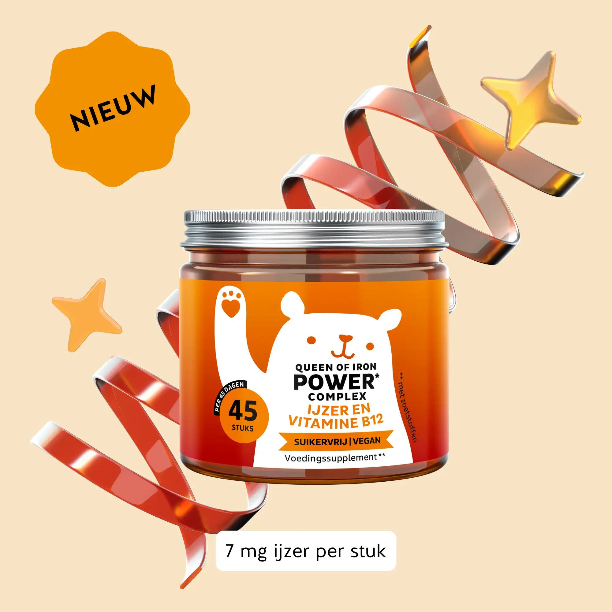 Potje Queen of Iron Power Complex met 45 gummies, verrijkt met ijzer en vitamine B12, suikervrij en vegan, ideaal voor dagelijks gebruik l Bears with Benefits.