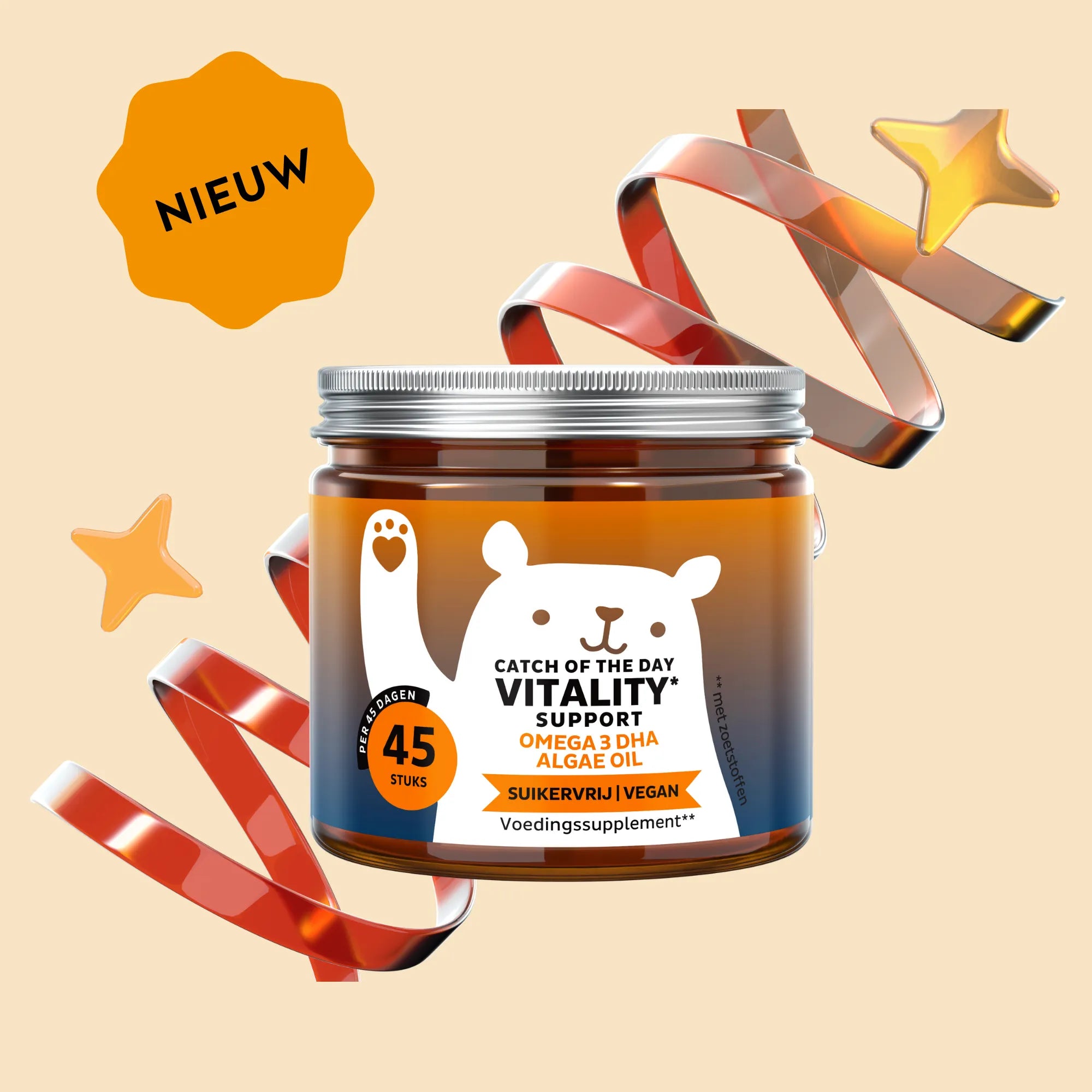 Afbeelding van het potje met 45 stuks Catch Of The Day Vitality Support vitamine gummies van Bears with Benefits, ontwikkeld ter ondersteuning van energie en immuunsysteem.