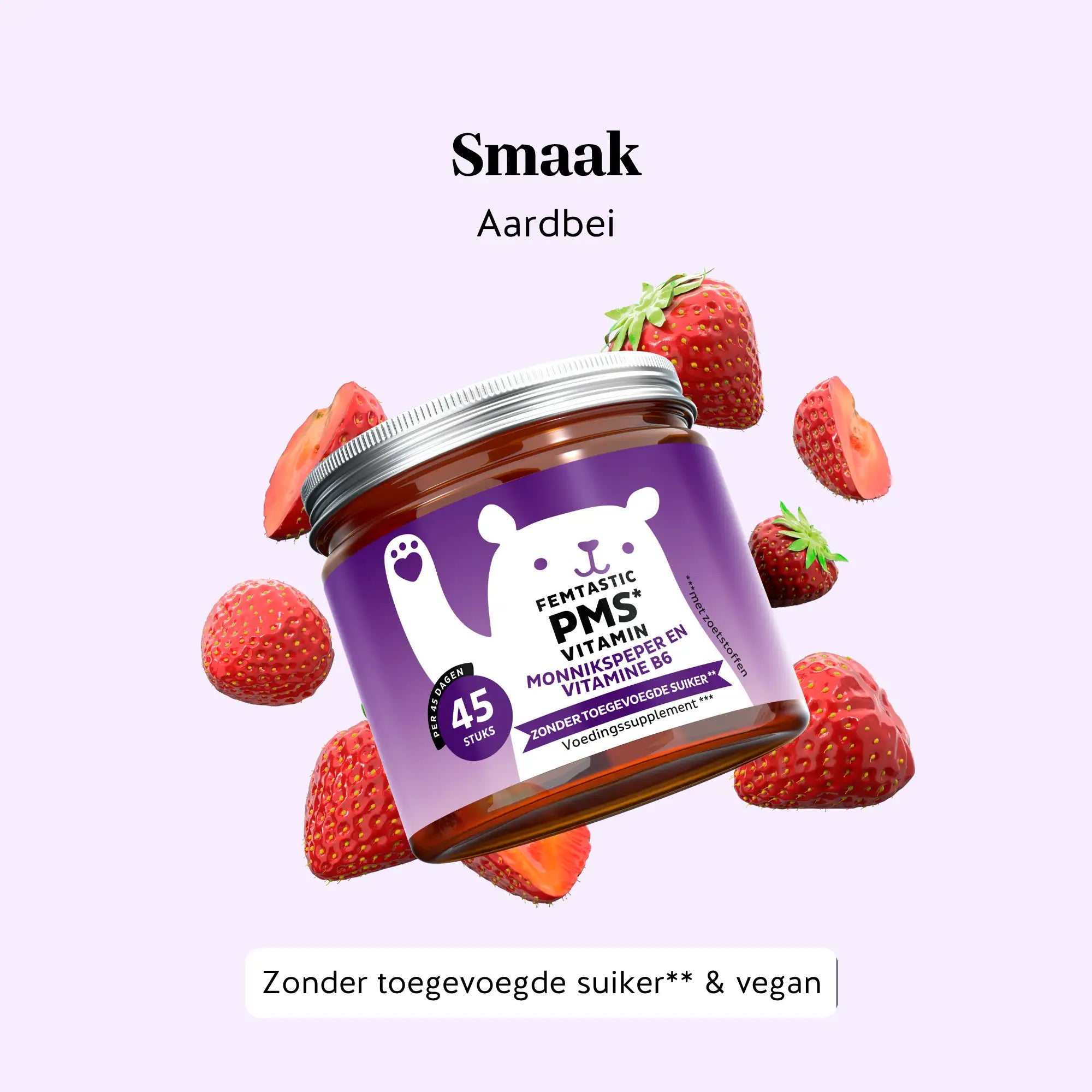Femtastic PMS gummies met aardbeiensmaak – potje van 45 stuks, zonder toegevoegde suikers en vegan | Bears with Benefits