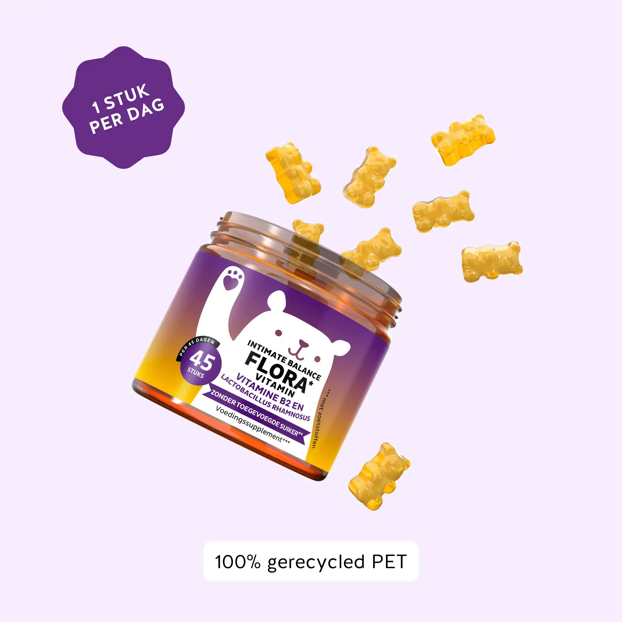 Potje Intimate Balance Flora met gele gummybeertjes – 1 stuk per dag, gemaakt van 100% gerecycled PET | Bears with Benefits